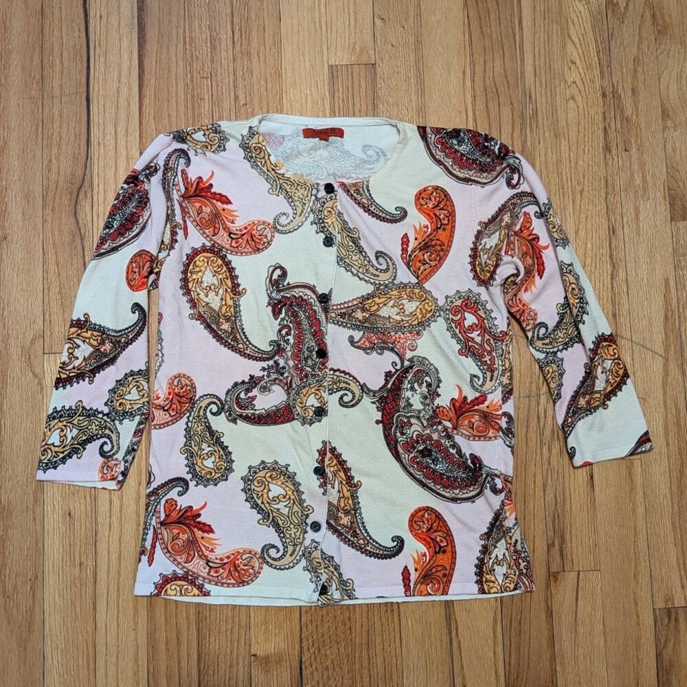 Joni B Boho Cottagecore Paisley Cardigan Sweater Button Up Knit Pink/Gold/Orange